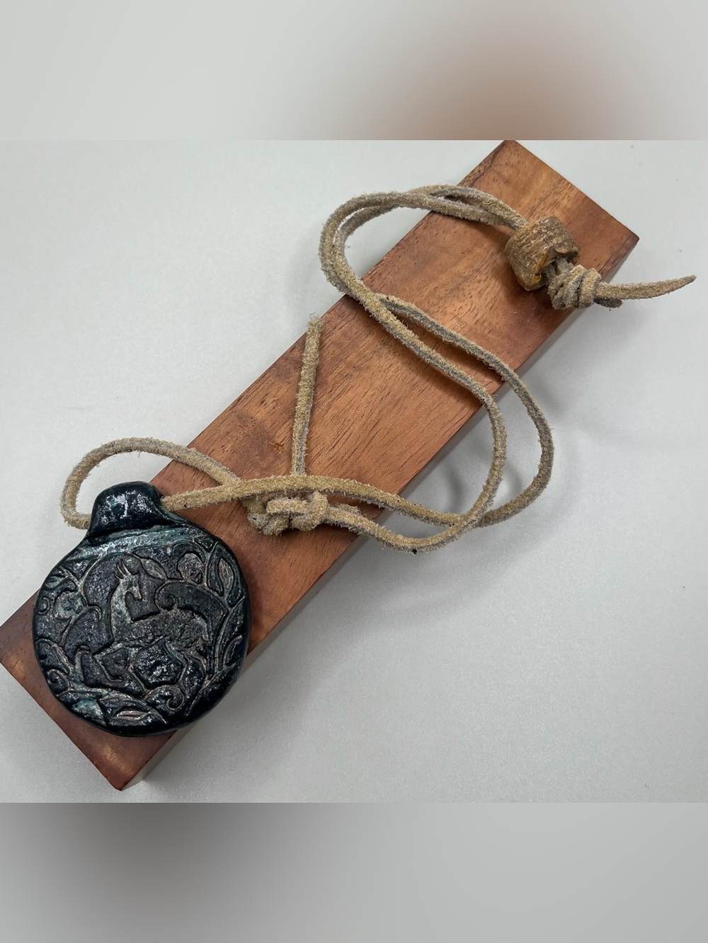 Vintage Handmade Studio Pottery Floral Pendant Necklace Leather Cord Folk Boho